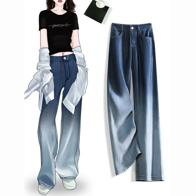 2023 Primavera/Verão Novo Design Personalizado Gradiente Jeans Solto Fit Versátil Calças Perna Reta Tendência