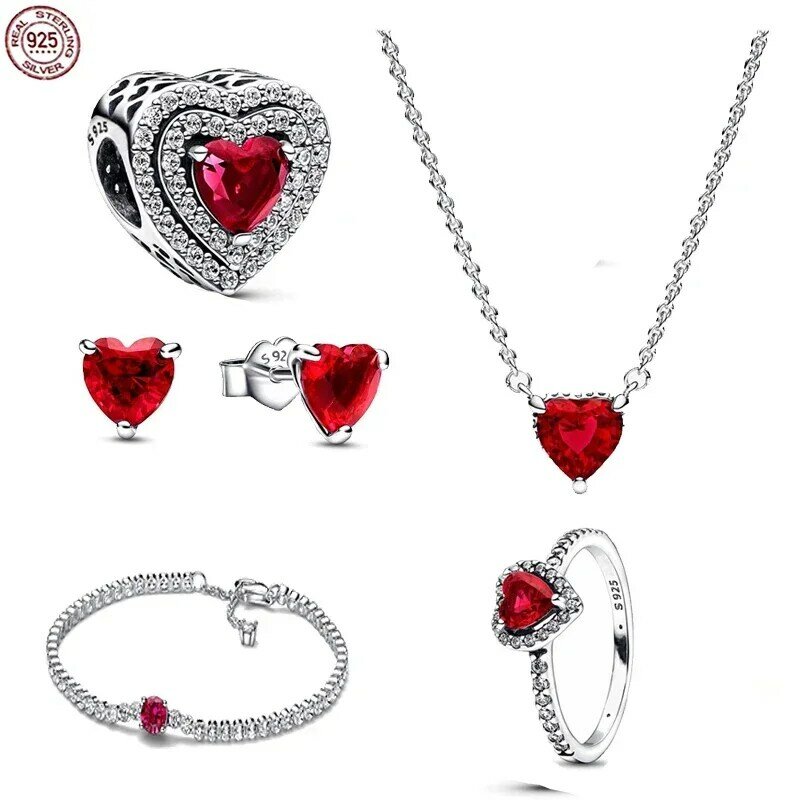مجموعة قلادة وخاتم من الفضة الإسترلينية على شكل قلب ، مجموعة مجوهرات حمراء بتصميم مناسب ، سوار بندورا أصلي ، تصنعه بنفسك ، جودة عالية