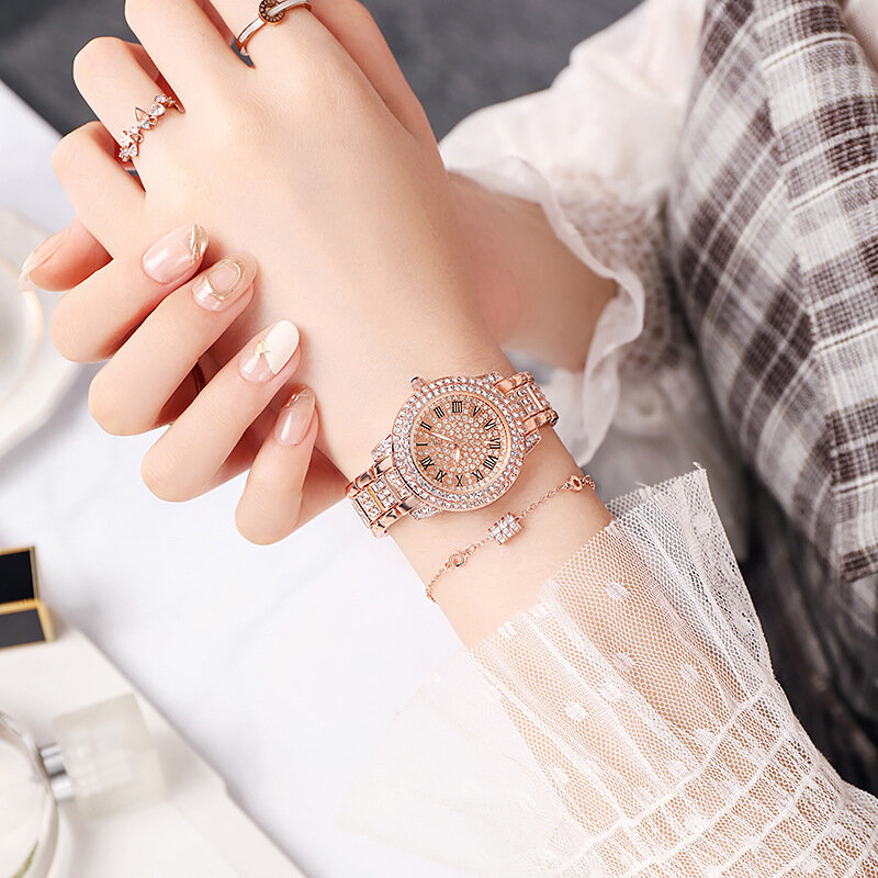 Die Uhr ist voller Diamanten luxuriöse atmos phä rische elegante Stahl armbanduhr Subdial uhren für Frauen