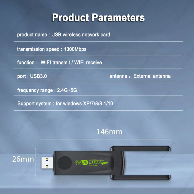 Adaptador WiFi USB 3,0 de doble banda, Dongle de red inalámbrica de 1300Mbps, 2,4 GHz, 5GHz, para Windows