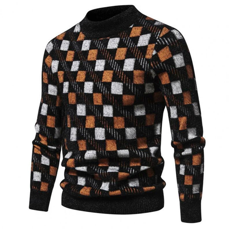 Men Round Neck Sweater Geometric Print Plush Men's Sweater Warm Round Neck Pullover for Business Casual Wear Long Sleeve Men