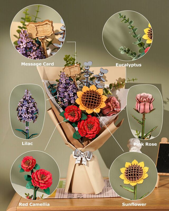 Деревянный цветочный букет Robotime Rowood, 3D Деревянный пазл, деревянные поделки, наборы для взрослых, домашний декор