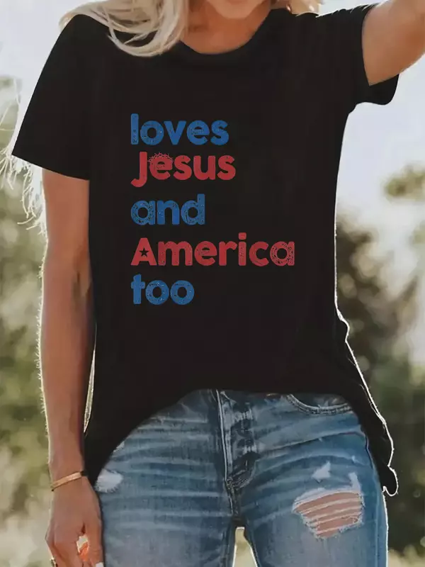 Short Sleeve T Shirt Summer Love Jesus Love America Printed Short Sleeved Women's T-shirt Casual Fashion Top Casual Tees