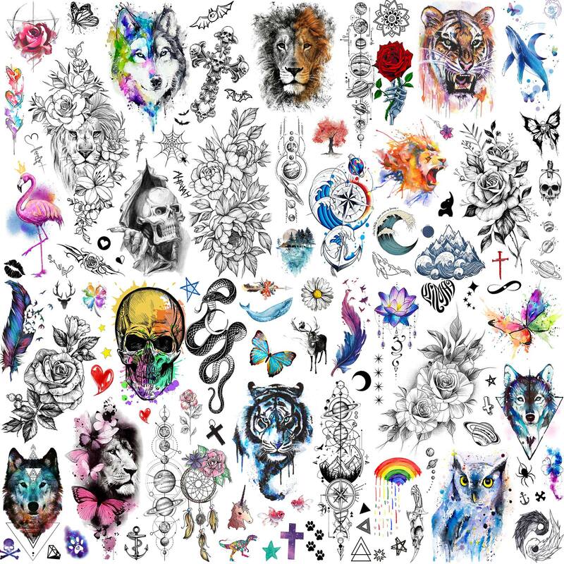 Tatuajes temporales de animales coloridos para mujeres, hombres y adultos, pegatinas de tatuaje falsas, papel realista, Lobo, León, flor, 6 hojas