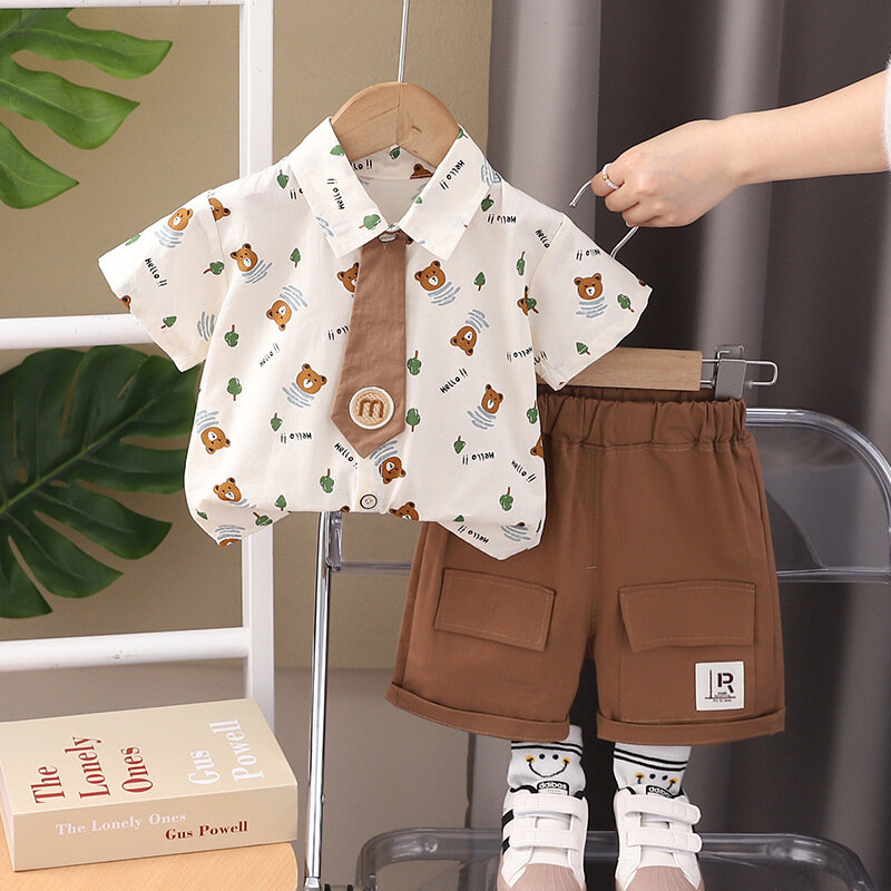 Camisas e shorts de manga curta para bebês meninos, conjunto de roupas impressas dos desenhos animados coreanos, gola virada para baixo, roupas butique ocidentais, 2024