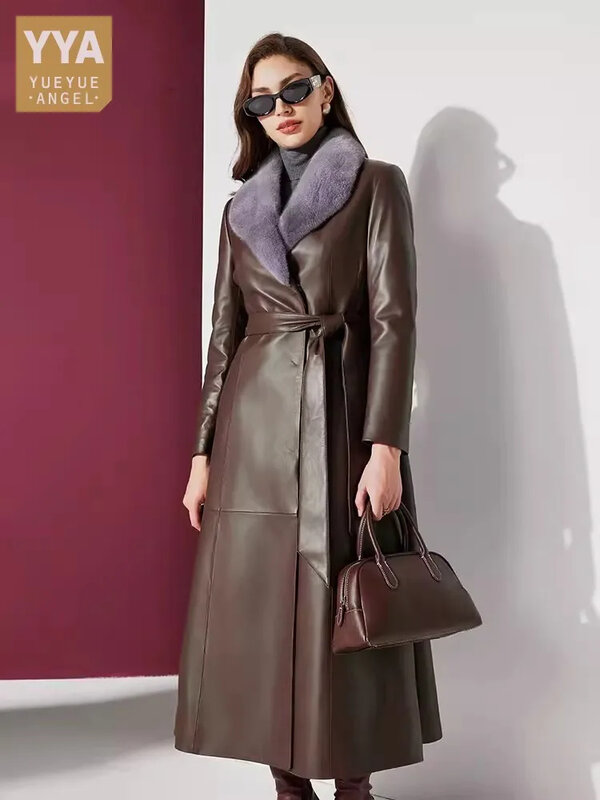 Casaco de couro genuíno para mulheres, sobretudo de luxo elegante senhora do escritório, jaqueta longa de pele de carneiro, moda personalizada, 10 dias, novo