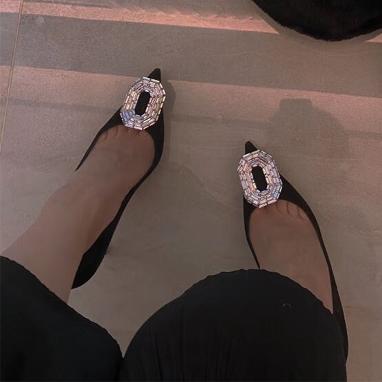 Rhinestone Round Buckle Shiny Women Pumps 2024 New Style Stiletto Pointed Toe Black High Heels Women's Shallow Slip On Sandals