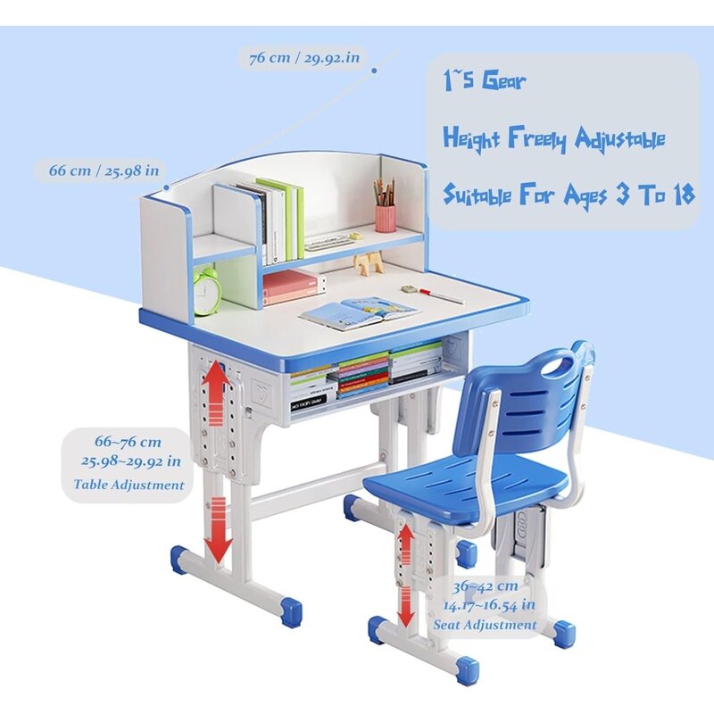 Juego de mesa y silla para niños de altura ajustable, diseño ergonómico, escritorio para niños azul con gran cajón de almacenamiento y estantería