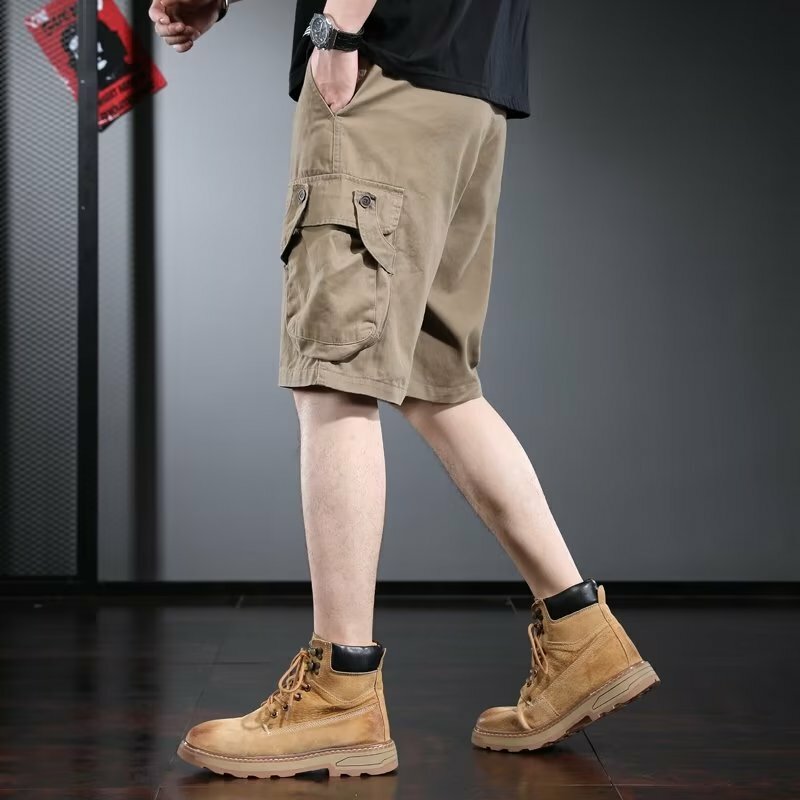 Breite Bein Cargo Shorts Männer mittlere Taille Kordel zug Taschen solide lose sportliche japanische Stil Harajuku knielange Fitness im Freien