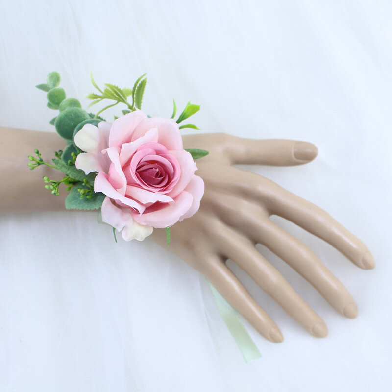 YO CHO Свадебный Цветочный браслет на запястье корсажный браслет для мужчин бутоньерка для подружки невесты браслет на запястье для девочек розовый искусственный Шелковый розовый