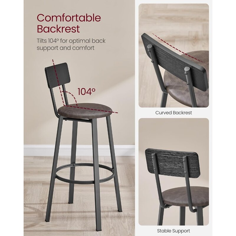 Барные стулья, набор из 2 мягких табурет для завтрака из искусственной кожи, 29,7 дюймовые барные стулья с спинкой и подставкой для ног, простая сборка,