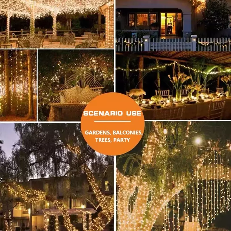 ソーラーフェアリーLEDライト,銅線,屋外クリスマスライト,防水ガーデン装飾,8モード,32m, 22m, 12m, 7m