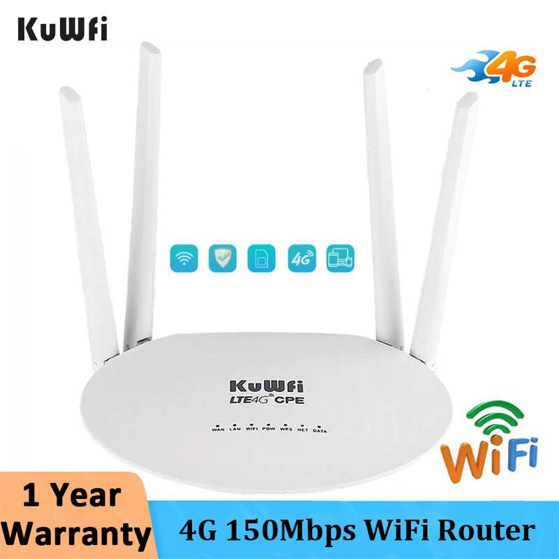 KuWFi 4G 와이파이 무선 CPE 라우터, SIM 카드 포함, 잠금 해제 홈 핫스팟, 외부 안테나, 32 사용자, 150Mbps, 4 개