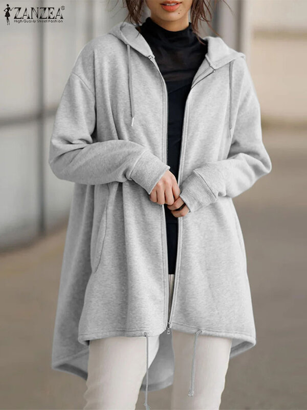 ZANZEA-moletons de manga comprida para mulheres, moletons monocromáticos, tops longos com zíper, casacos com capuz, costas curtas dianteiras, casuais e elegantes, outono