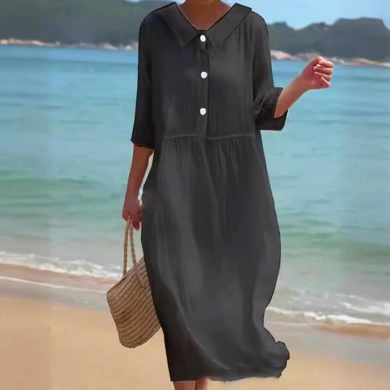 Женское длинное платье средней длины с воротником-стойкой, шикарный плиссированный пуловер с пуговицами, стильная одежда для летнего платья
