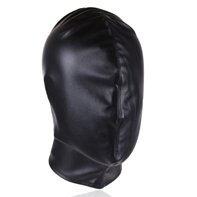 Cubierta cabeza PU negra con corbata ajustable, pasamontañas, máscara juego pareja, envoltura cabeza negra,