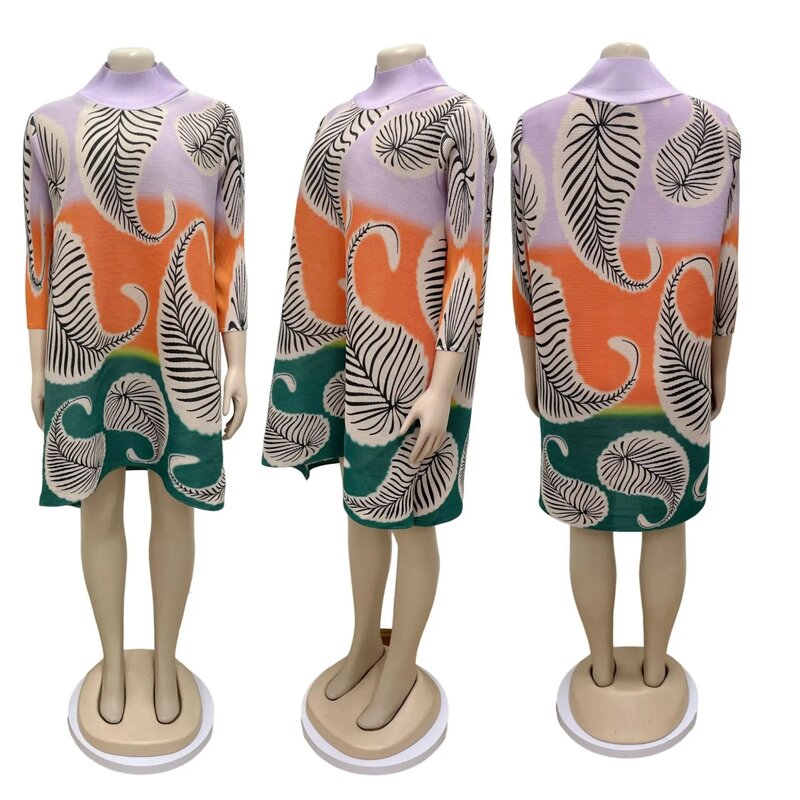 Summer Elegant African Women 3/4 Sleeve Polyester Printing Pleated Dress Dashiki African Clothes African Dresses for Women