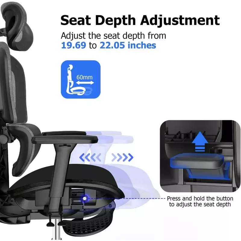 메쉬 사무실 의자, 3D 조절식 팔걸이, 높은 등받이, 데스크탑 컴퓨터 의자, 3D 인체 공학적, 바퀴 달린 사무실 의자