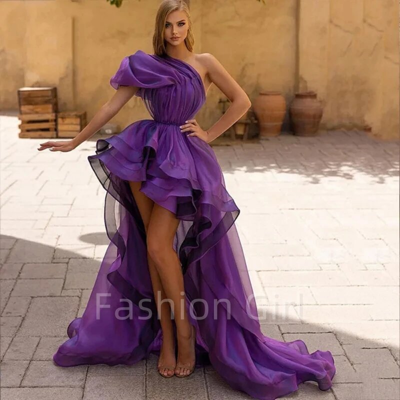 Sexy Purple One Shoulder Prom Gowns Women's Organza Pleated Party Evening Gown High Low Tiered Formal Occasion Dresses 2024
