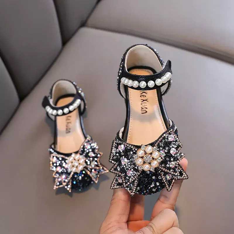 Sandalias con diamantes de imitación para niñas, zapatos de boda con lazo y perlas, de tacón bajo, de princesa, talla 21-36, H952, verano 2024