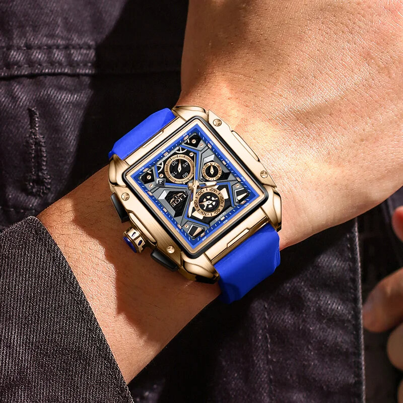 Lige-男性用ステンレス鋼スクエアクォーツ腕時計、クロノグラフ、防水、発光時計、男性用時計、ボックス付属、ファッション