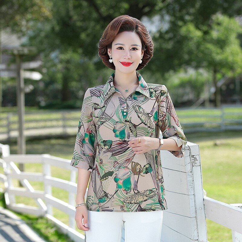 Vintage feminino com camisa estampada de 3/4, solta, combina tudo, gola virada para baixo, camiseta de botão, moda casual, roupas de verão