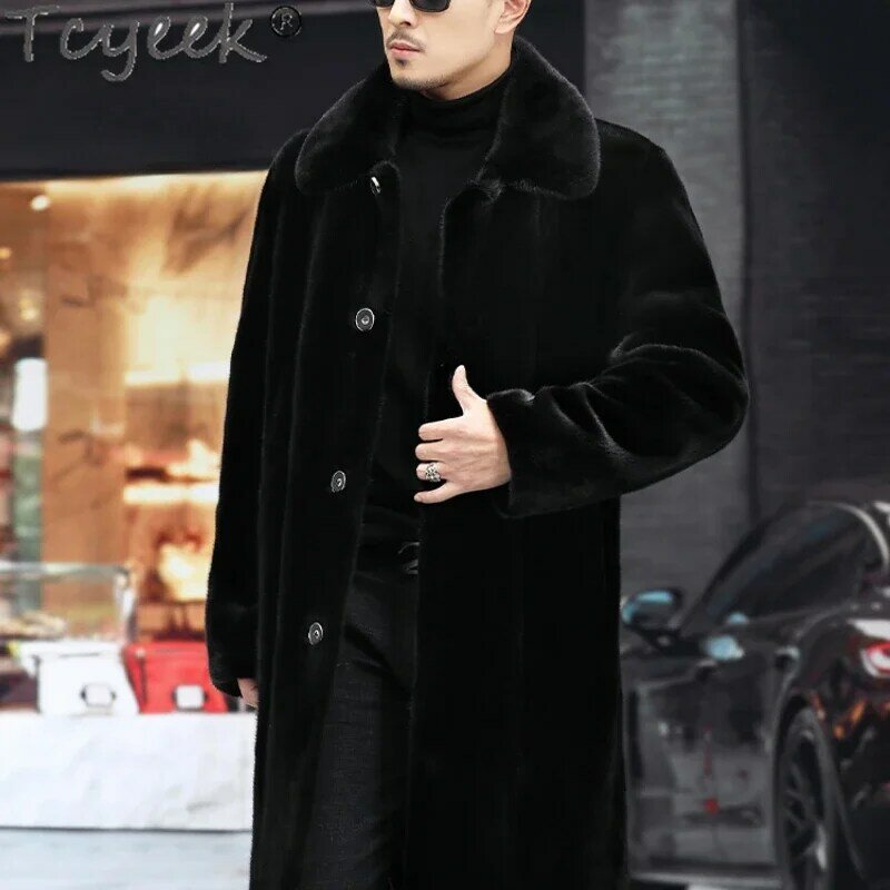 Tcyeek casaco longo de pele de vison para homens jaqueta de pele natural quente, jaquetas vintage de pele real, roupas masculinas, inverno