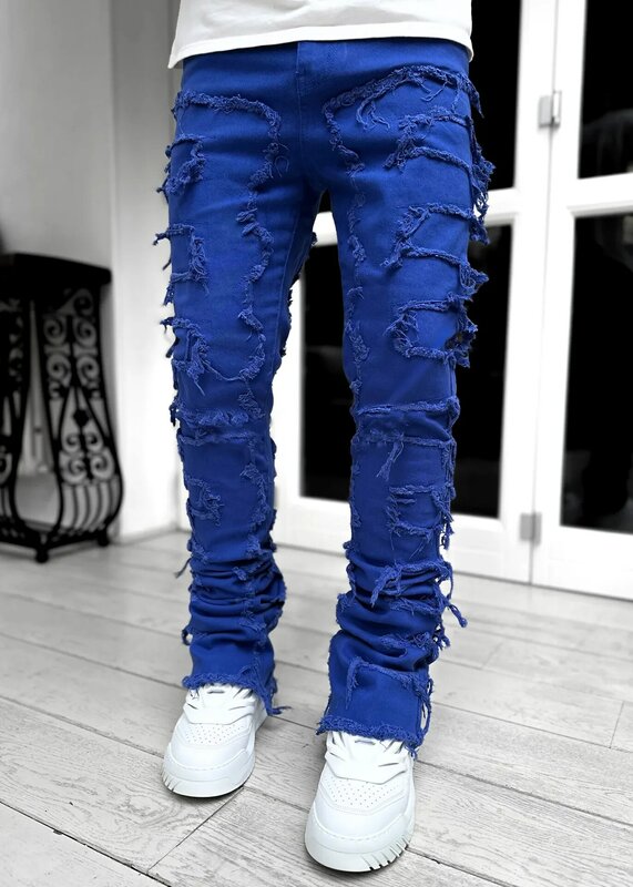 2024 męskie nowe moda uliczna szyte jeansy młodzieżowe proste patchworkowe dżinsy z frędzlami