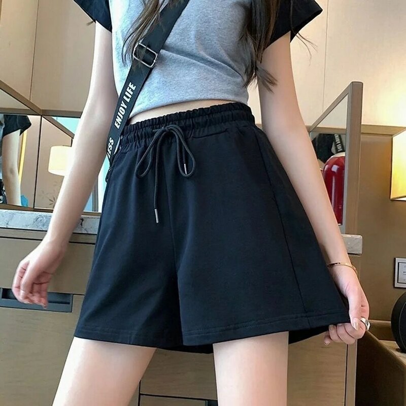 Summer Shorts Skirts Women Elastic High Waist Casual Wide Leg Shorts Korean A Line Loose Mini Skirt Black Short Pants