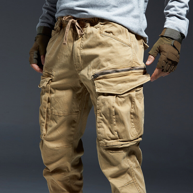 Long Length Jogging Cargo Pants Men Denim Cotton Big Pockets Elastic Waist Long Trousers Male Winter Thick Tactical Pants