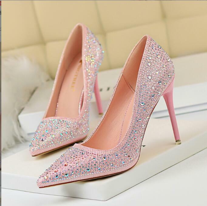 Zapatos de tacón alto con diamantes de imitación para mujer, calzado de oficina a la moda, clásico, para fiesta y boda, novedad