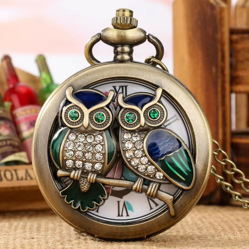 Gold handicraft pendant diamond studded retro owl pocket watch chain birthday gift