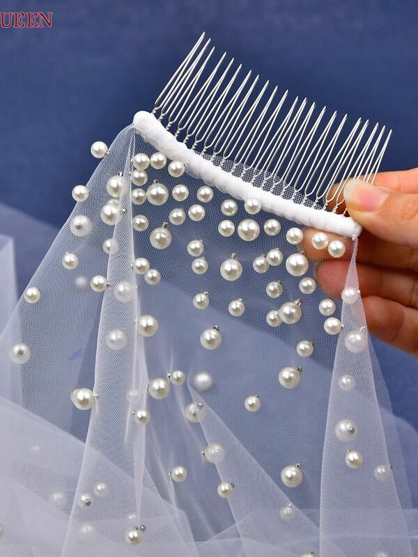TOPQUEEN Elegant Pearls Bridal Veil Soft 1 Tier Beaded Wedding Veil for Bride Simple Cathedral Length Veils with Comb v180