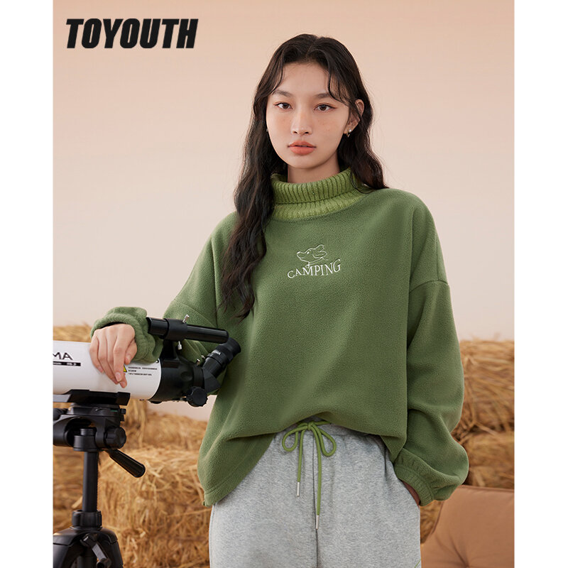 Toyouth-Camisola feminina falsa de lã de duas peças, manga comprida, gola alta meia, capuz solto, streetwear casual, pulôver de inverno, 2022