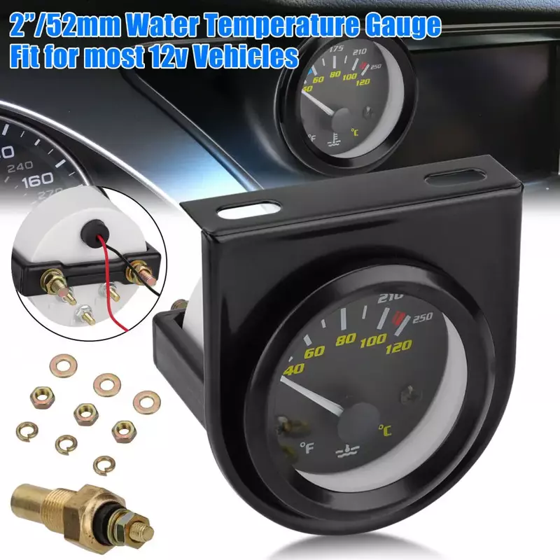 12V Water Temperature Gauge 2" 52mm Water Temp Gauge 40~120°C/100~250℉ White LED Light Display With Temperature Sensor