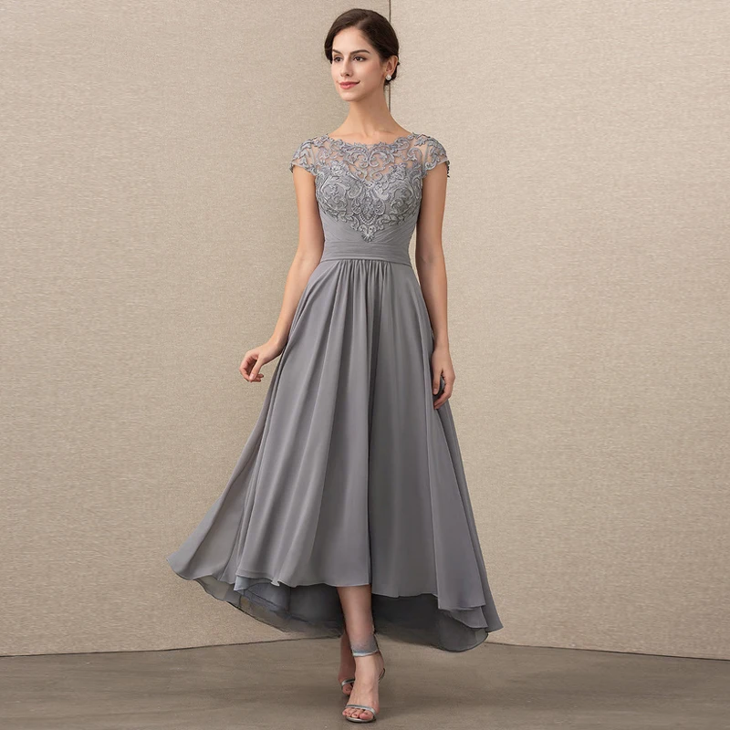 AIOVO Mother of the Bride Dress Lace Appliques O Neck Elegant Wedding Guest Dresses for Women Pleat Bridesmaid Ankle Length Gown
