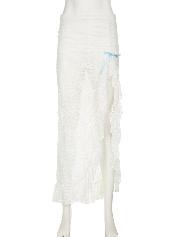 Милая однотонная кружевная юбка IAMSURE с бантом и оборками, сексуальная облегающая юбка-макси средней талии, Женская Летняя мода 2023, уличная одежда для женщин