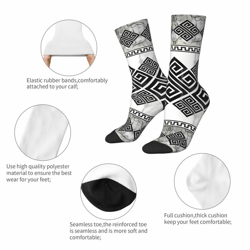 Ornement de clé grecque en marbre noir et blanc, chaussettes Meander Kawaii, chaussettes à motif de dessin animé