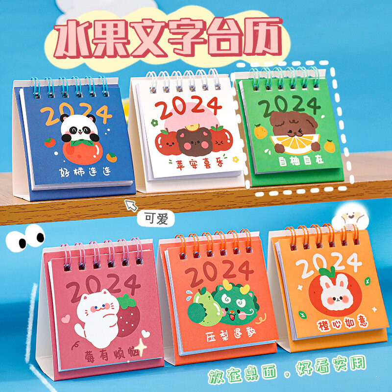 Kalender meja Mini kartun, 12 buah jam Desktop siswa in dekorasi kalender buah kalender meja teks Lucu