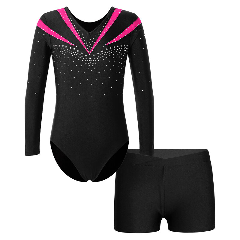 Bodysuit de strass brilhante feminino com shorts, collants de dança balé, macacão patinação artística, unitard de ginástica, infantil