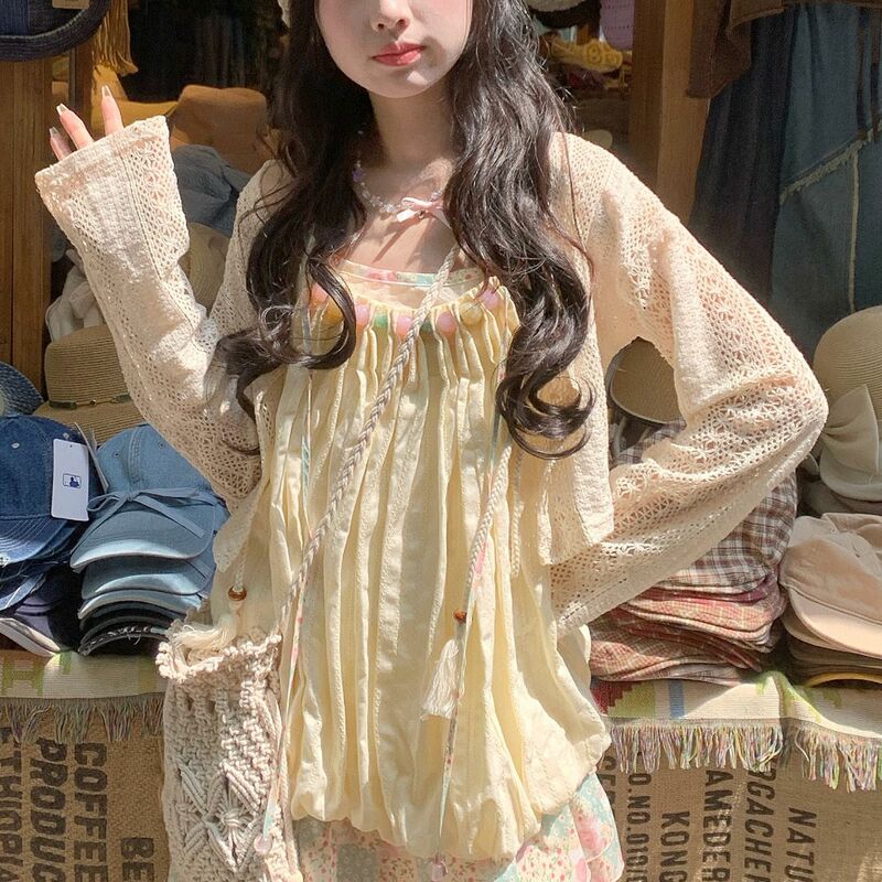 Vestido coreano solto para mulheres, Doce feminino Kawaii elegante festa mini vestidos, Vestido de Chiffon Floral Vintage, Conjunto de 2 peças