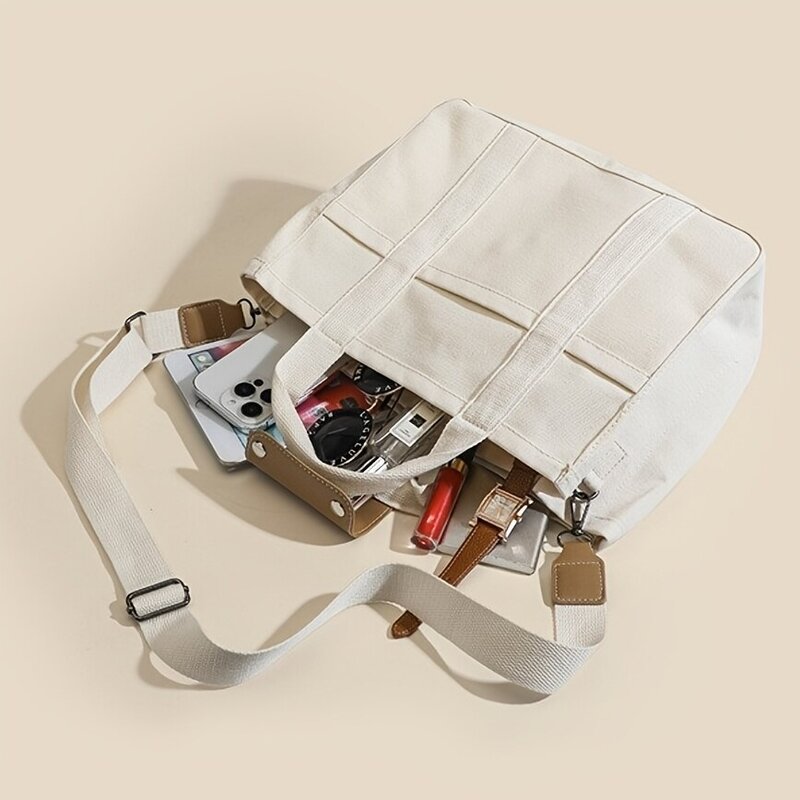 Women's Casual Canvas Handbag Multi-pocket Large Capacity Tote Bag Adjustable Shoulder Strap Casual Shoulder Shopper Bag Female