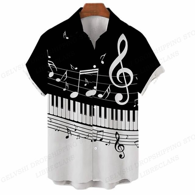 남녀공용 음악 노트 3D 프린트 셔츠, 싱글 브레스티드 오버사이즈 블라우스, 옷깃 셔츠, 해변, 쿠바