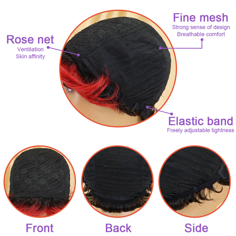 Pelucas cortas de cabello humano para mujeres negras, pelo brasileño liso, corte Pixie, barato, sin pegamento, hecho a máquina, marrón, Ombre con flequillo