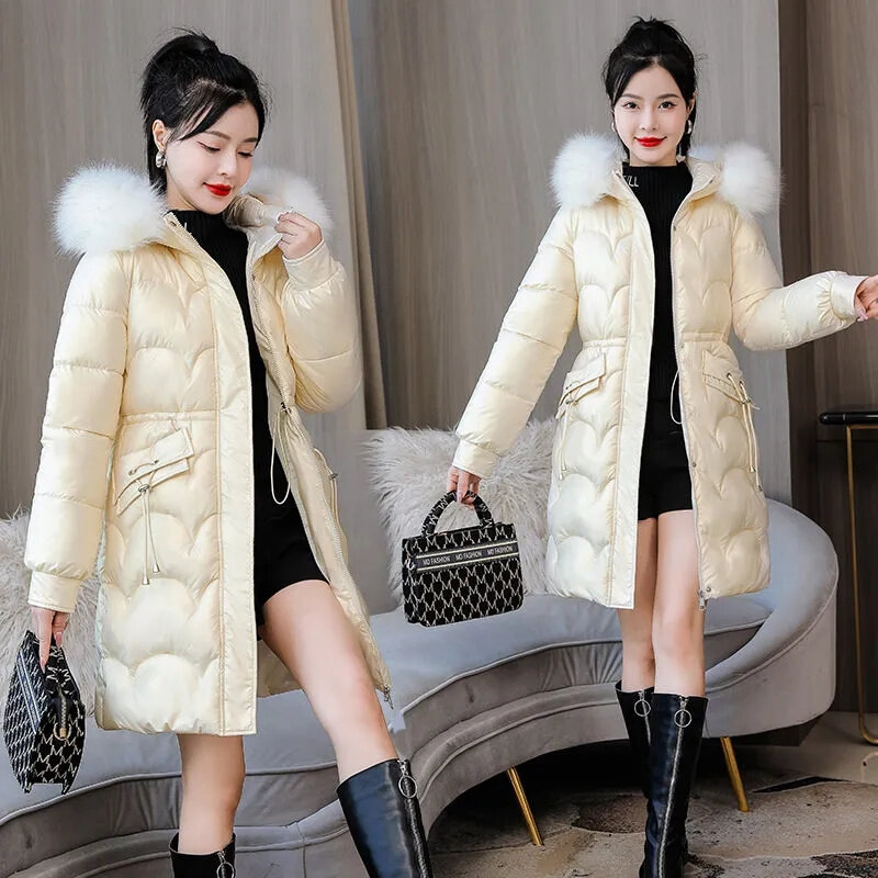 여성용 다운 파카 겨울 재킷, 큰 모피 칼라, 두꺼운 슬림 롱 코트, 후드 코튼 파카, 캐주얼 아우터, 패션, 2023 신상