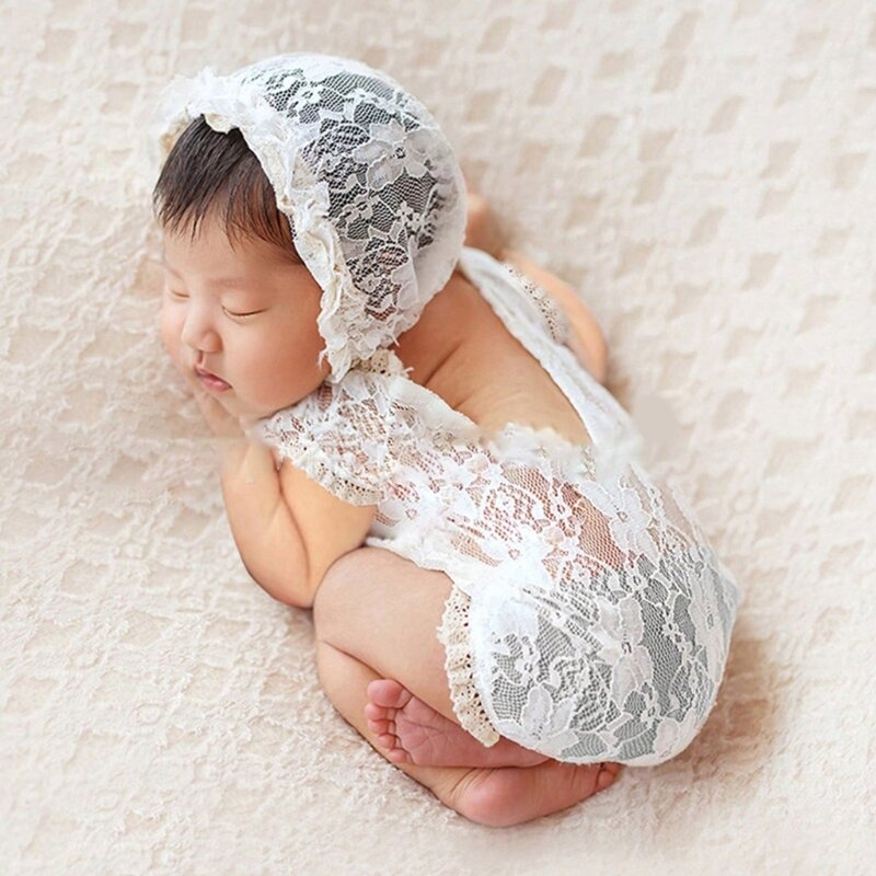 Baby Girls Lace Romper & Headband Set Newborn Photography Prop Costume Beautiful Lace Bodysuit with Elegant Ribbon Headwear