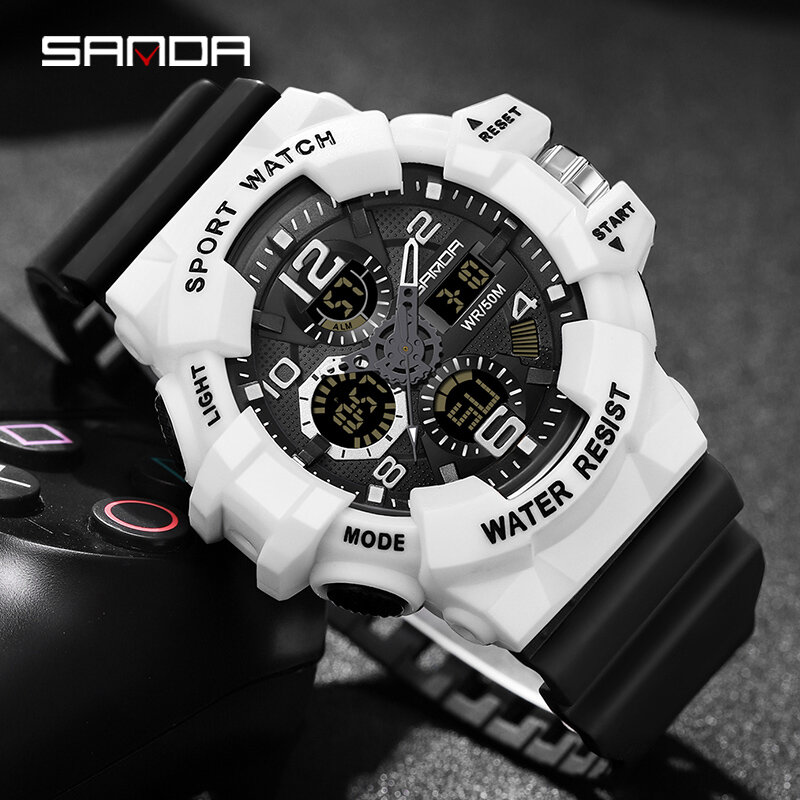 Часы наручные SANDA мужские электронные в стиле милитари, брендовые цифровые ударопрочные спортивные водонепроницаемые, 2023