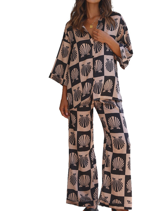 Women 2 Piece Pajamas Pants Sets Graphic Print Short Sleeve Button Down Shirt Loose Pants Y2k Casual Lounge Sleepwear