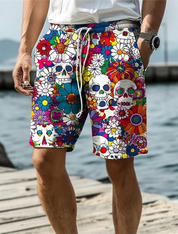 Celana pendek papan cetak 3D pria, celana pendek tengkorak bunga 2024, celana renang, tali pinggang elastis, celana pantai liburan gaya Hawaii