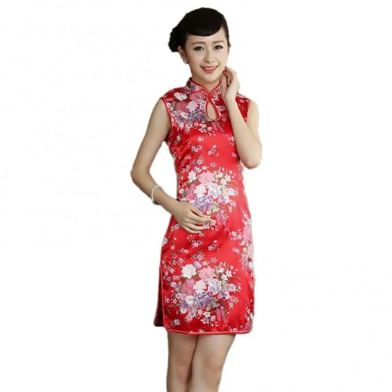 Gaun Qipao tanpa lengan wanita seksi kerah Mandarin cetakan merak sisi Hem belah gaun pendek Satin gaun pesta malam Vestidos